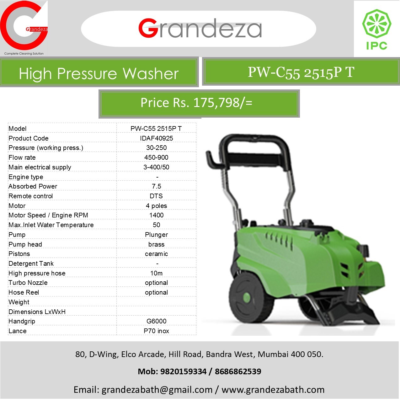Ipc Pw C55 250 Bar High Pressure Washer Cold Water Cleaning