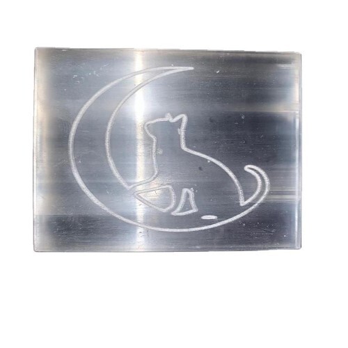 Natural Selenite Charging Plate With Cat And Moon Crystal Symbol Engraved - Grade Aaa Material, Free Size, White Color, 100 Grams Weight | Elegant Engraved Design For Crystal Cleansing