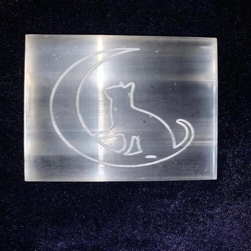 Natural Selenite Charging Plate With Cat And Moon Crystal Symbol Engraved - Grade Aaa Material, Free Size, White Color, 100 Grams Weight | Elegant Engraved Design For Crystal Cleansing