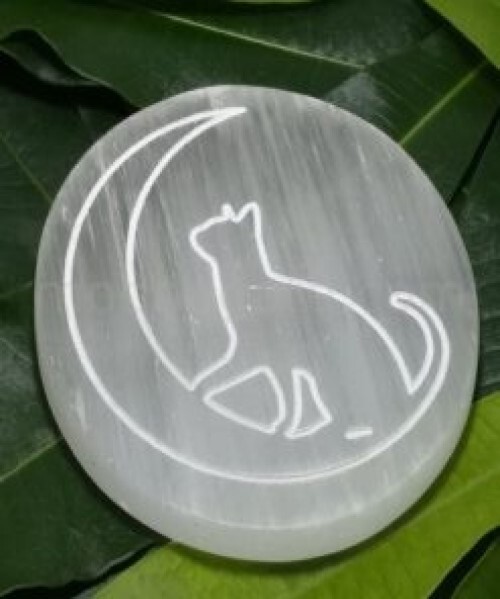 Natural Selenite Charging Plate With Cat And Moon Crystal Symbol Engraved - Grade Aaa Material, Free Size, White Color, 100 Grams Weight | Elegant Engraved Design For Crystal Cleansing
