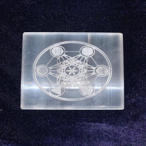 Natural Selenite Charging Plate With Metatron Symbol Engraved - Round Brilliant Cut 100g White Gemstone | Cleanses Recharges Crystals Balances Energy