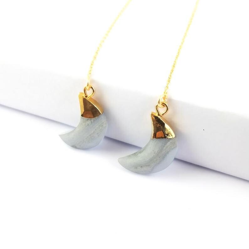 Same As Photo Half Moon Gemstone Size 18x7m 925 Silver Threader Earring