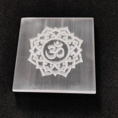 Natural Selenite Charging Plate With Om Symbol Engraved - A+ Grade Round Brilliant Cut White 100 Gm | Cleanses And Charges Crystals Effectively