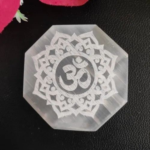 Natural Selenite Charging Plate With Om Symbol Engraved - A+ Grade Round Brilliant Cut White 100 Gm | Cleanses And Charges Crystals Effectively