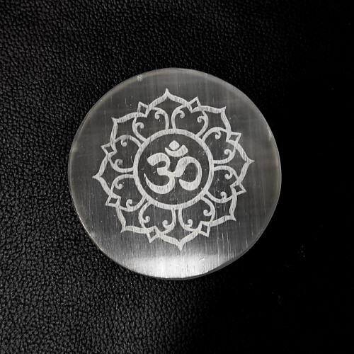 Natural Selenite Charging Plate With Om Symbol Engraved - A+ Grade Round Brilliant Cut White 100 Gm | Cleanses And Charges Crystals Effectively