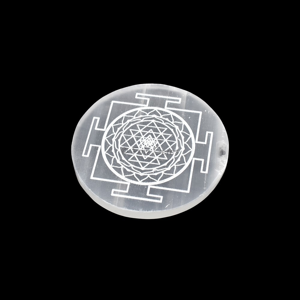 Natural Selenite Charging Plate With Shri Yantra Symbol Engraved - Round Brilliant Cut, 100 Gm White Natural Stone | Grade A+