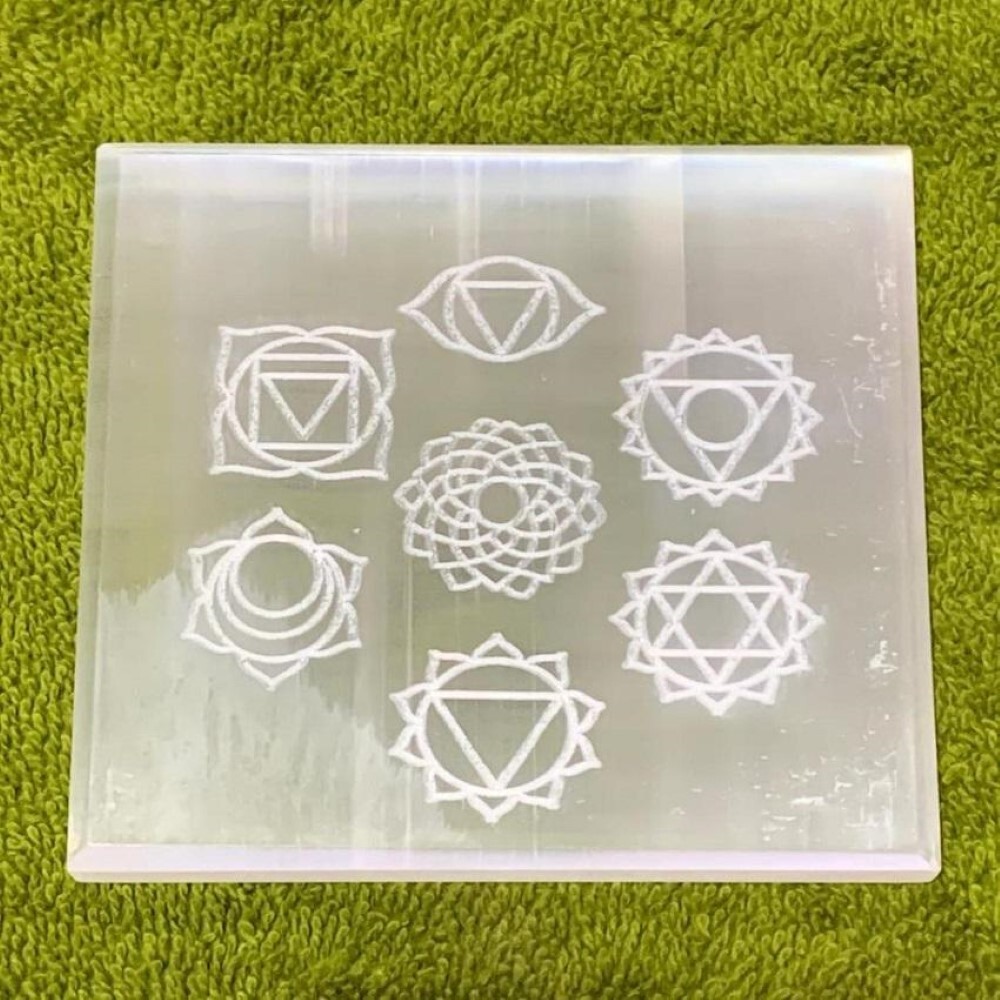 Natural Selenite Charging Plate With Seven Chakra Colored Engraved Symbol - Aaa Grade, Free Size, White Natural Stone, 100 Gm Weight | Vibrant Chakra Symbols, Cleansing And Purifying Properties