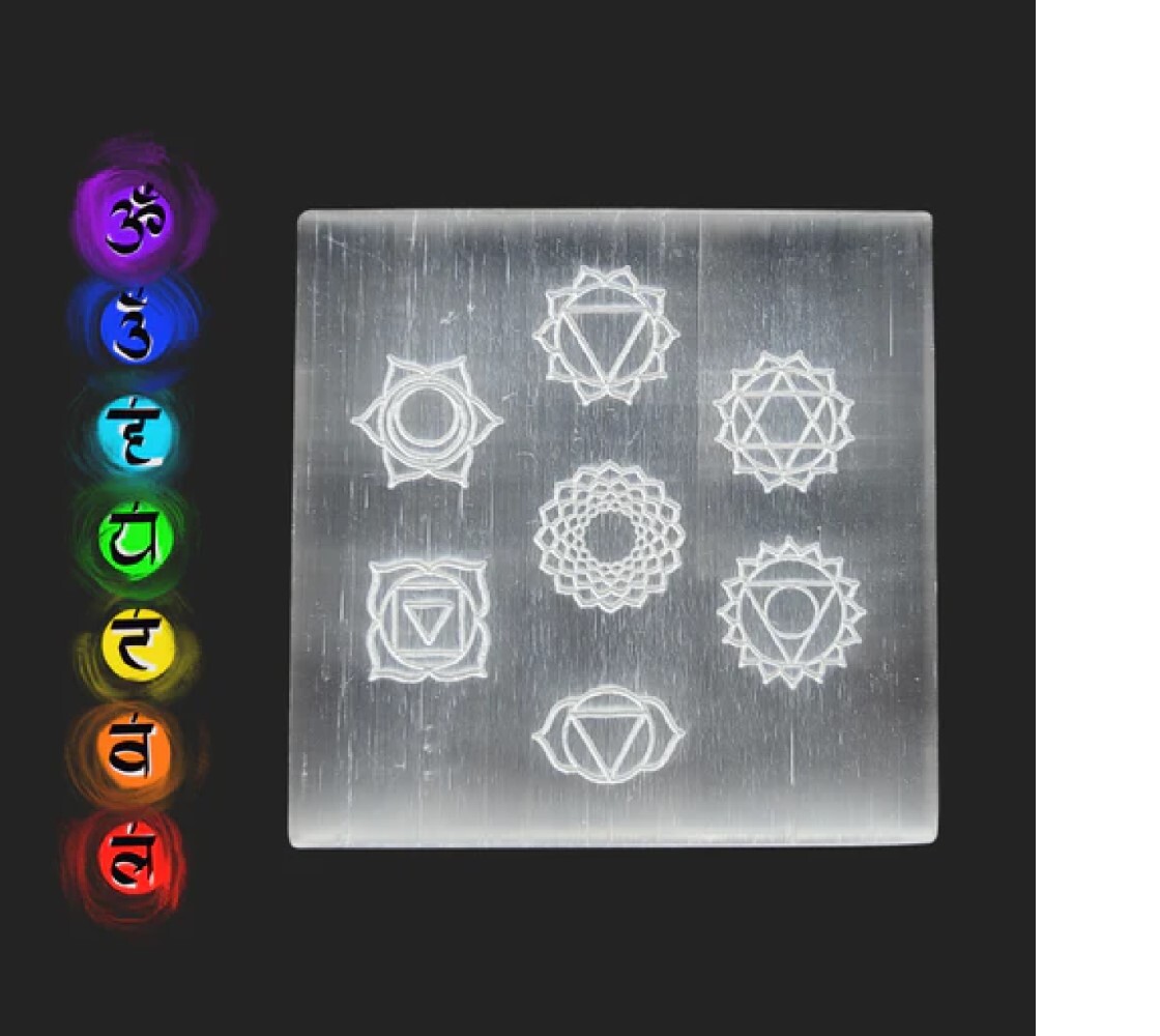 Natural Selenite Charging Plate With Seven Chakra Colored Engraved Symbol - Aaa Grade, Free Size, White Natural Stone, 100 Gm Weight | Vibrant Chakra Symbols, Cleansing And Purifying Properties