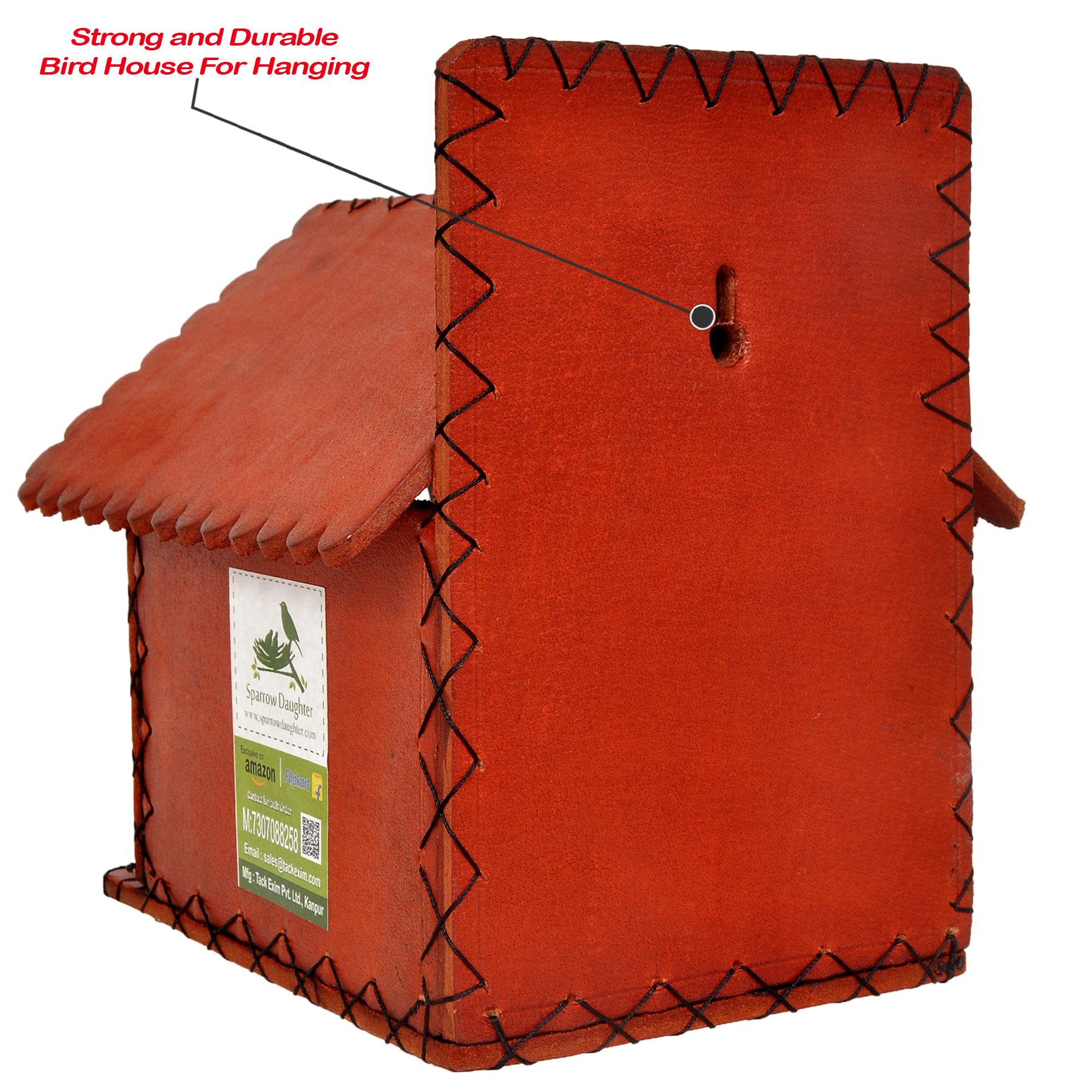 Small Hut Bird House Hand Made - Leather, Vegan Leather, Synthetic Leather | 16x15x17 Cm, Dark Brown, Easy Installation, Handcrafted By Women Artisans