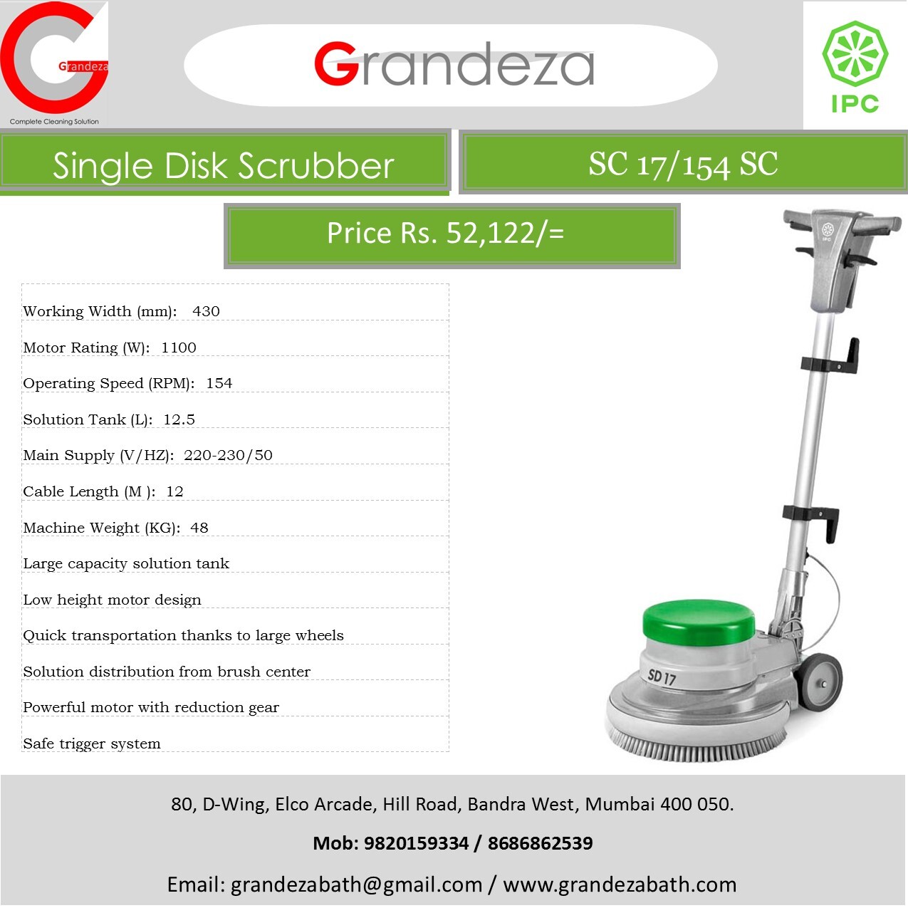 Ipc 17/154 Sc Single Disk Floor Scrubber Height: 18 Inch (In)
