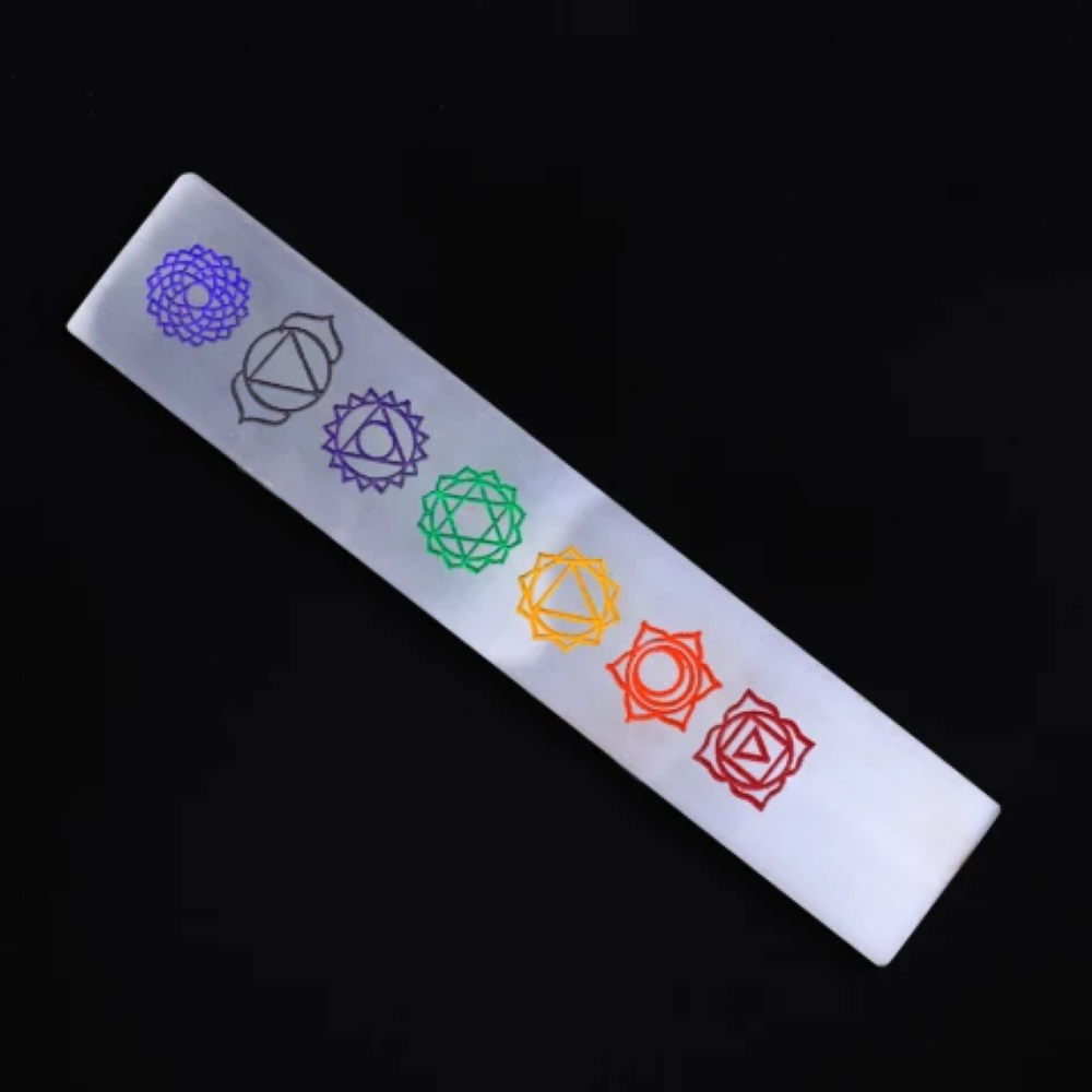 Natural Selenite Charging Stick Wands With Rainbow 7 Chakra Symbol Engraved - Grade Aaa Natural White Selenite, Round Brilliant Cut, Weight: 100g | Handmade By Skilled Artisans