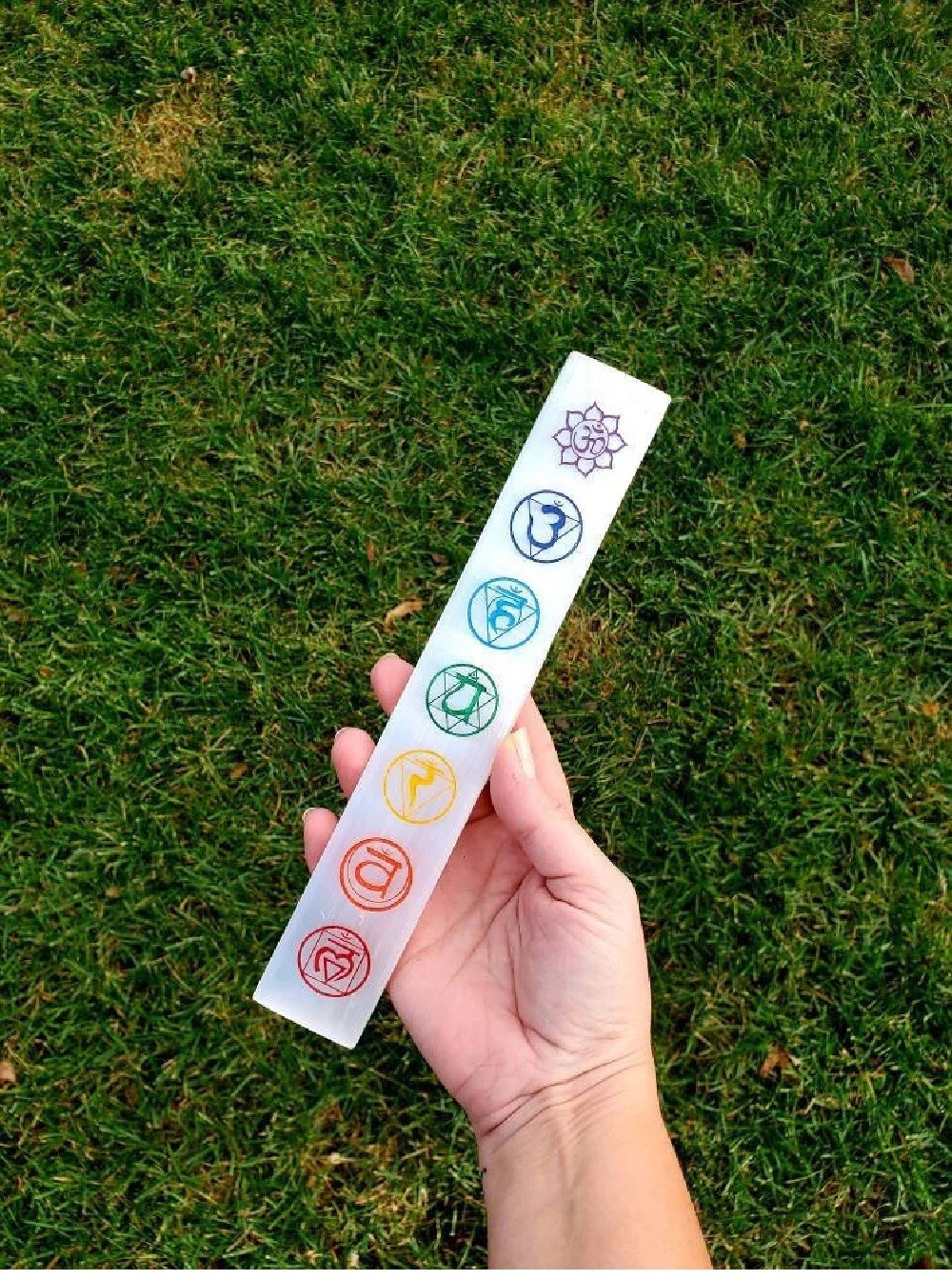 Natural Selenite Charging Stick Wands With Rainbow 7 Chakra Symbol Engraved - Grade Aaa Natural White Selenite, Round Brilliant Cut, Weight: 100g | Handmade By Skilled Artisans