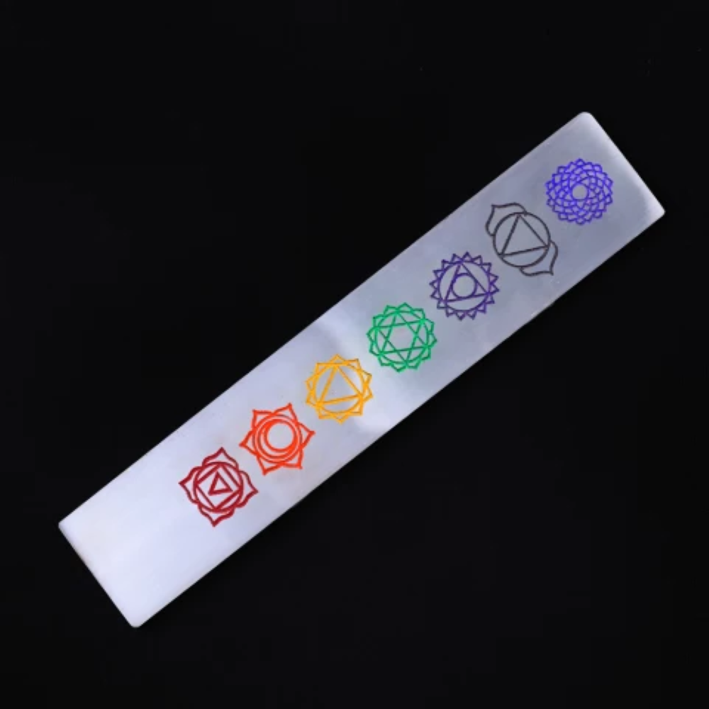 Natural Selenite Charging Stick Wands With Rainbow 7 Chakra Symbol Engraved - Grade Aaa Natural White Selenite, Round Brilliant Cut, Weight: 100g | Handmade By Skilled Artisans