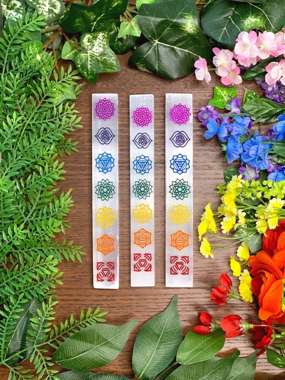 Natural Selenite Charging Stick Wands With Rainbow 7 Chakra Symbol Engraved - Grade Aaa Natural White Selenite, Round Brilliant Cut, Weight: 100g | Handmade By Skilled Artisans
