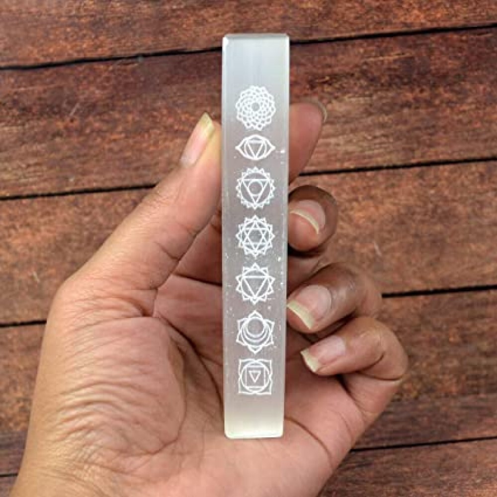 Natural Selenite Charging Stick Wands With 7 Chakra Symbol Engraved - Grade Aaa Material, Free Size, White Color, 100g Weight | Ideal For Meditation, Yoga, Chakra Alignment