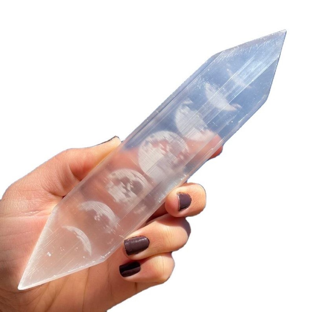 Natural Double Point Selenite Charging Stick Bar With Rainbow 7 Chakra Symbol - Aaa Grade, Free Size, White Color, 100g Weight | Ideal For Energy Cleansing And Spiritual Practices