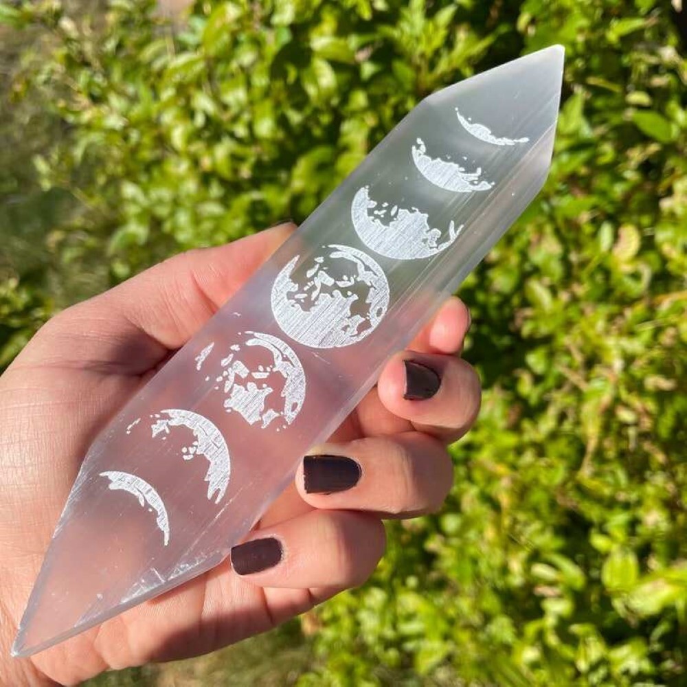 Natural Double Point Selenite Charging Stick Bar With Rainbow 7 Chakra Symbol - Aaa Grade, Free Size, White Color, 100g Weight | Ideal For Energy Cleansing And Spiritual Practices