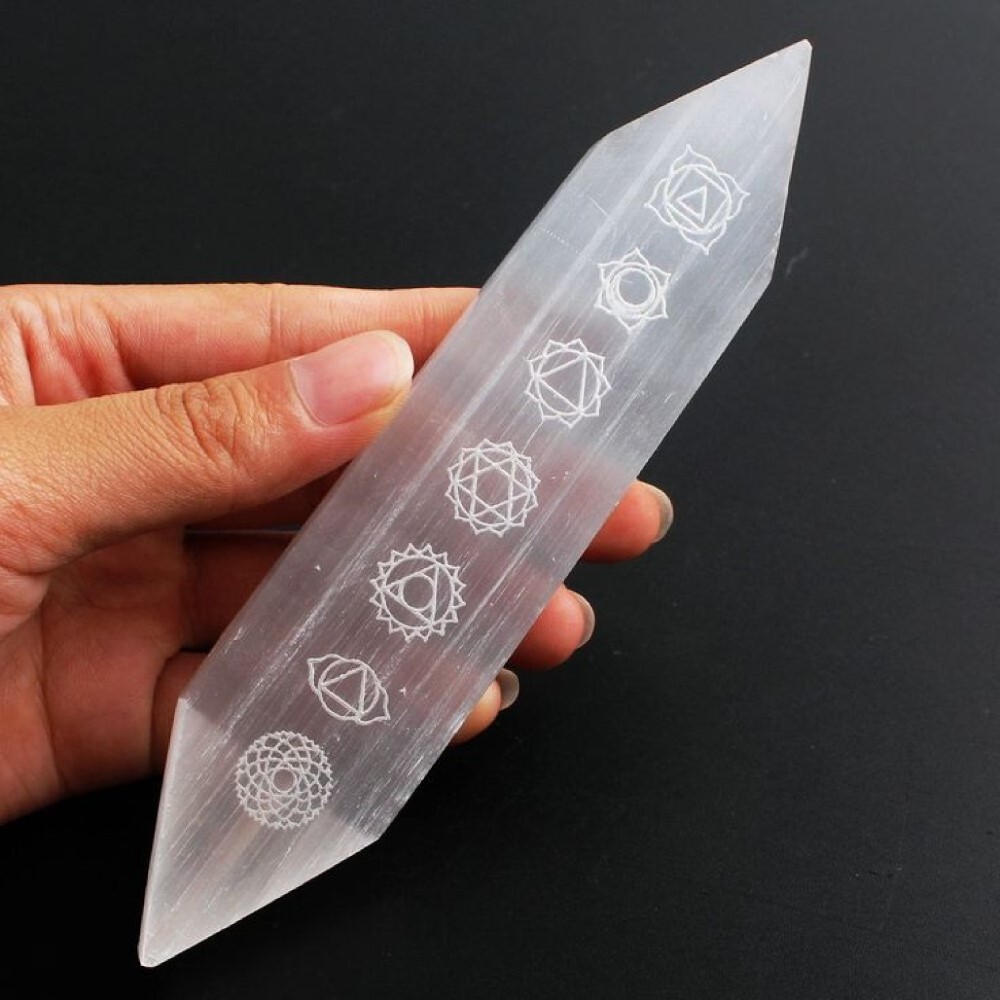 Natural Double Point Selenite Charging Stick Bar With Rainbow 7 Chakra Symbol - Aaa Grade, Free Size, White Color, 100g Weight | Ideal For Energy Cleansing And Spiritual Practices