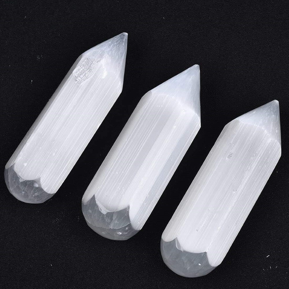 Natural White Selenite Hexagonal Cone Tip Crystal Cleansing Charging Wands And Stick - Aaa Grade, Free Size, White Color, 100g Weight | Round Brilliant Cut Design
