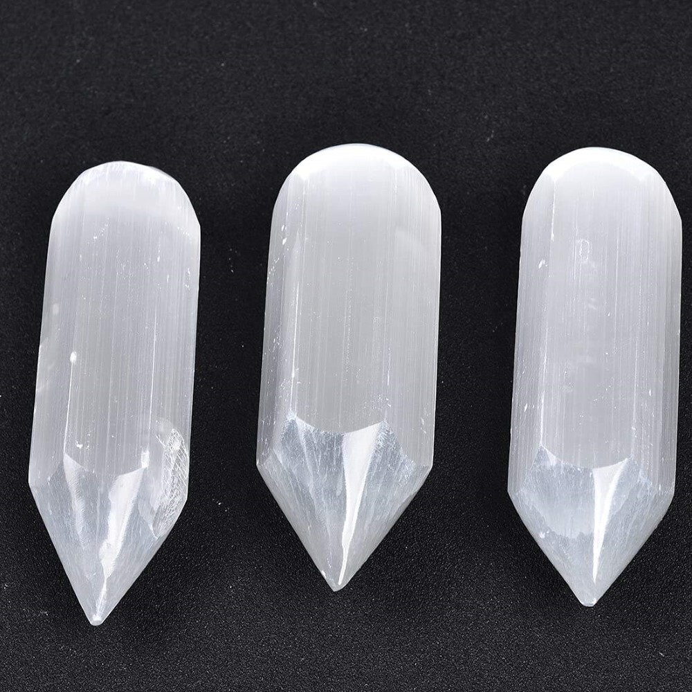 Natural White Selenite Hexagonal Cone Tip Crystal Cleansing Charging Wands And Stick - Aaa Grade, Free Size, White Color, 100g Weight | Round Brilliant Cut Design
