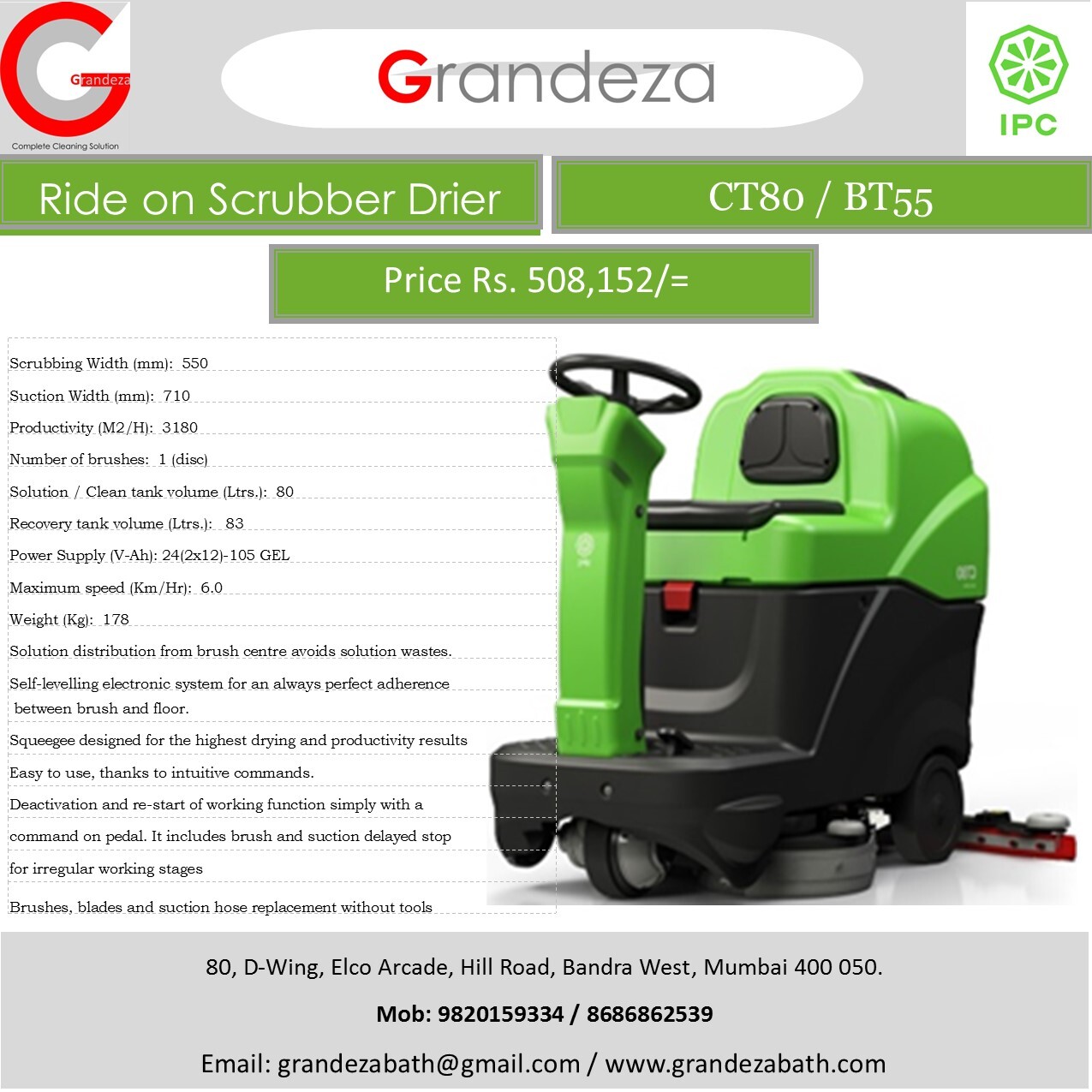 Ipc Ct80 / Bt55 Ride On Floor Scrubber Drier