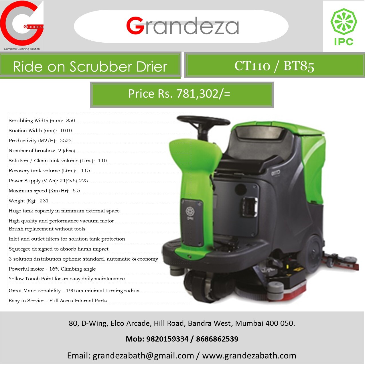Ipc Ride-on Floor Scrubber Drier - 850mm Scrubbing Width, 231kg Weight | Huge Tank Capacity, Easy Service Access, Powerful Motor With 16% Climbing Angle
