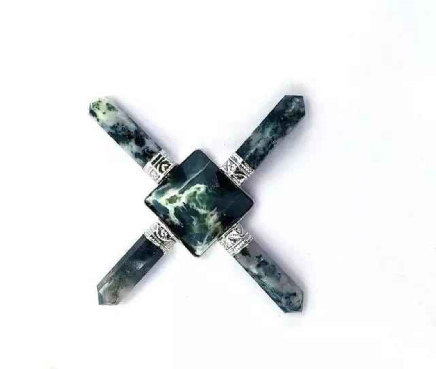 Natural Moss Agate Crystal Gemstone 4 Point Pyramid Energy Generator - A+ Grade Agate, Free Size, Green Color, 100g Weight | Natural Stone Design