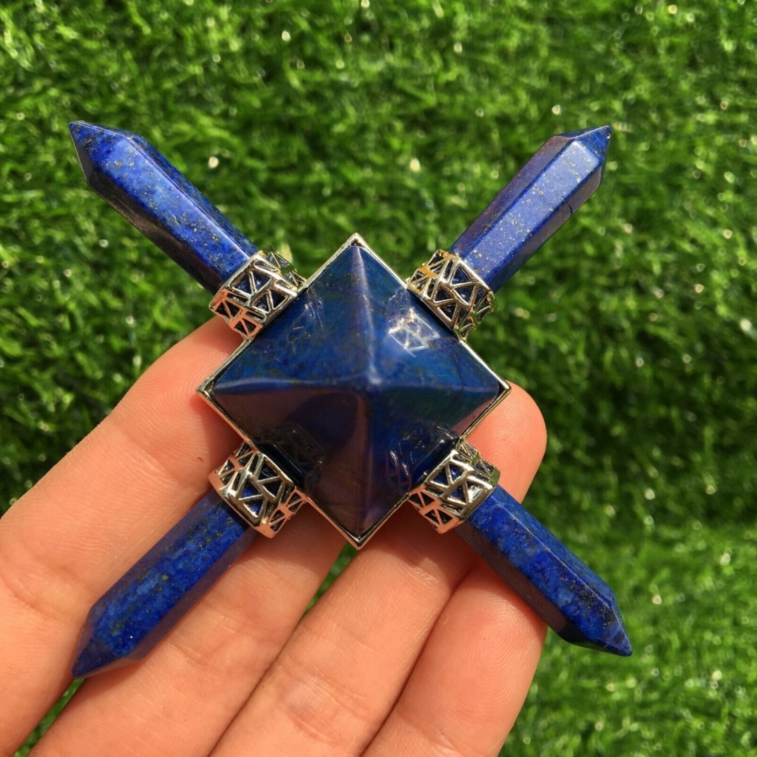 Natural Lapis Lazuli Crystal Gemstone 4 Point Pyramid Energy Generator - Natural Stone, Free Size, Blue Color, 100 Gm Weight | Ideal For Energy Healing And Meditation
