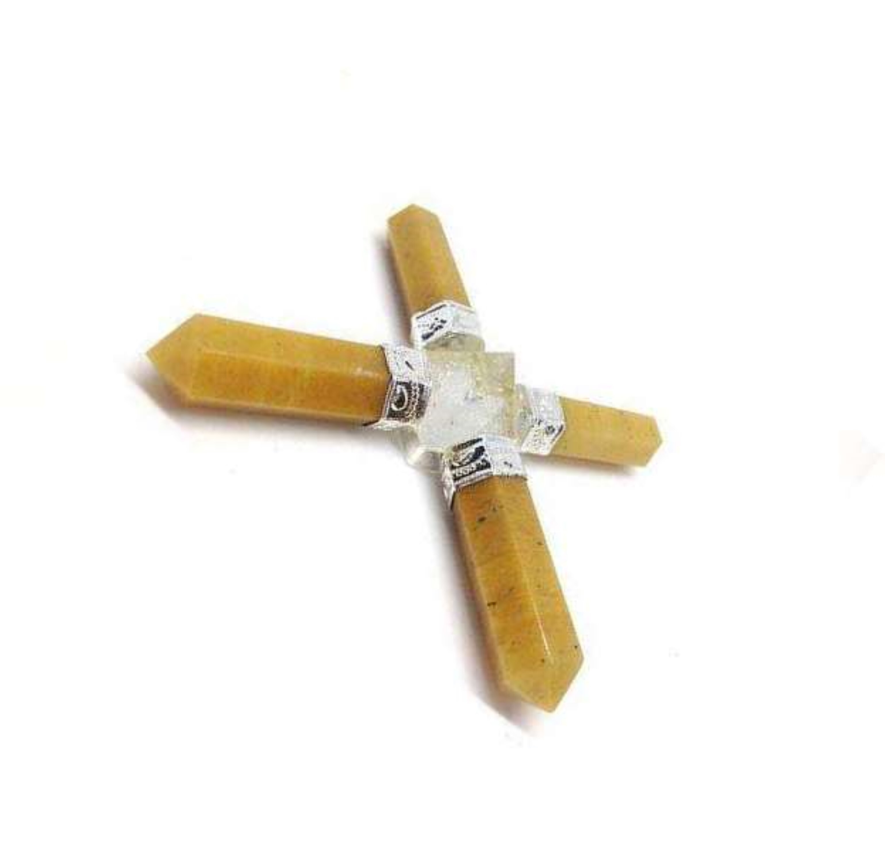 Natural Yellow Aventurine With Crystal Quartz Gemstone 4 Point Pyramid Energy Generator - Aquamarine Material, 100g Weight, Yellow And White Color | Grade Aaa, Free Size, Elevates Meditation Energy