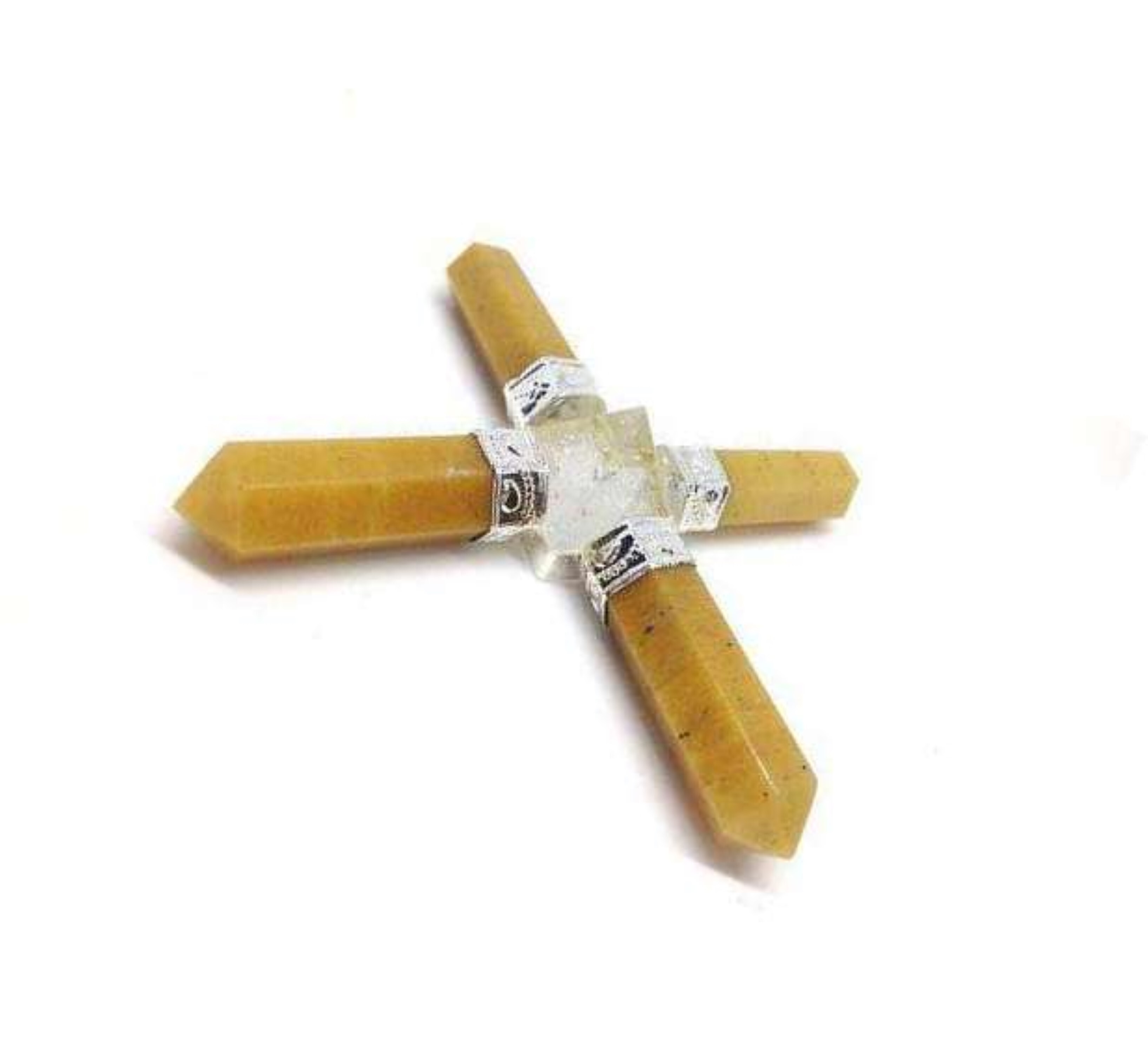 Natural Yellow Aventurine With Crystal Quartz Gemstone 4 Point Pyramid Energy Generator - Aquamarine Material, 100g Weight, Yellow And White Color | Grade Aaa, Free Size, Elevates Meditation Energy