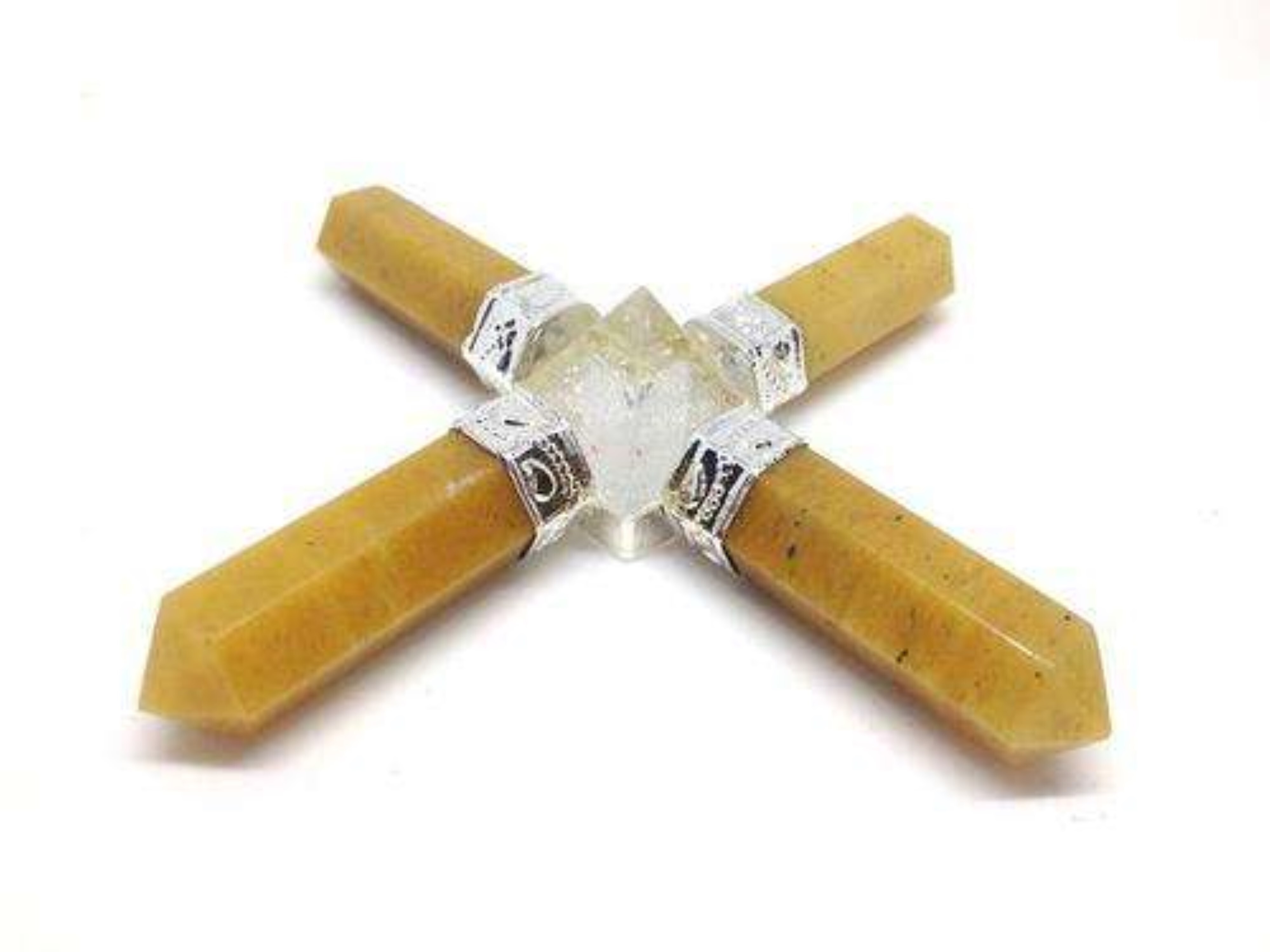 Natural Yellow Aventurine With Crystal Quartz Gemstone 4 Point Pyramid Energy Generator - Aquamarine Material, 100g Weight, Yellow And White Color | Grade Aaa, Free Size, Elevates Meditation Energy