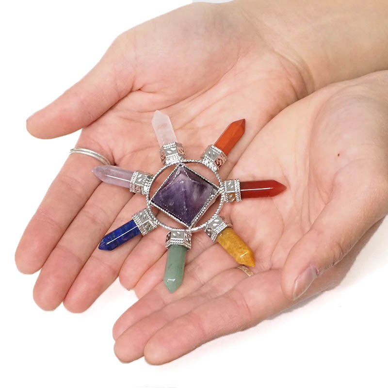 Natural Amethyst With Seven Chakra Gemstone 7 Point Pyramid Energy Generator - Natural Amethyst, Free Size, Purple Color, 100g, Aaa Grade | Energy Amplifier, Spiritual Tool, Unique Home Decor