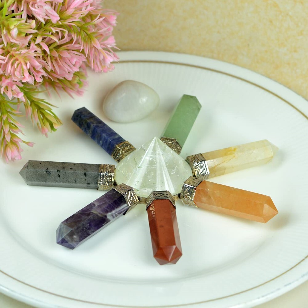 Natural Crystal With Seven Chakra Gemstone 7 Point Pyramid Energy Generator - Agate Material, Free-size, White Color, 100g Weight | Aaa Grade, Natural Stone