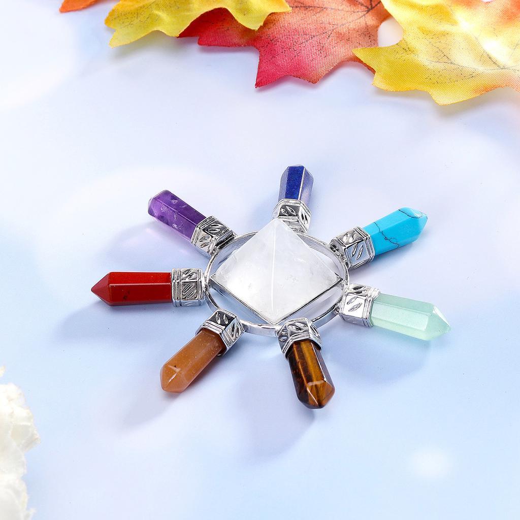 Natural Crystal With Seven Chakra Gemstone 7 Point Pyramid Energy Generator - Agate Material, Free-size, White Color, 100g Weight | Aaa Grade, Natural Stone