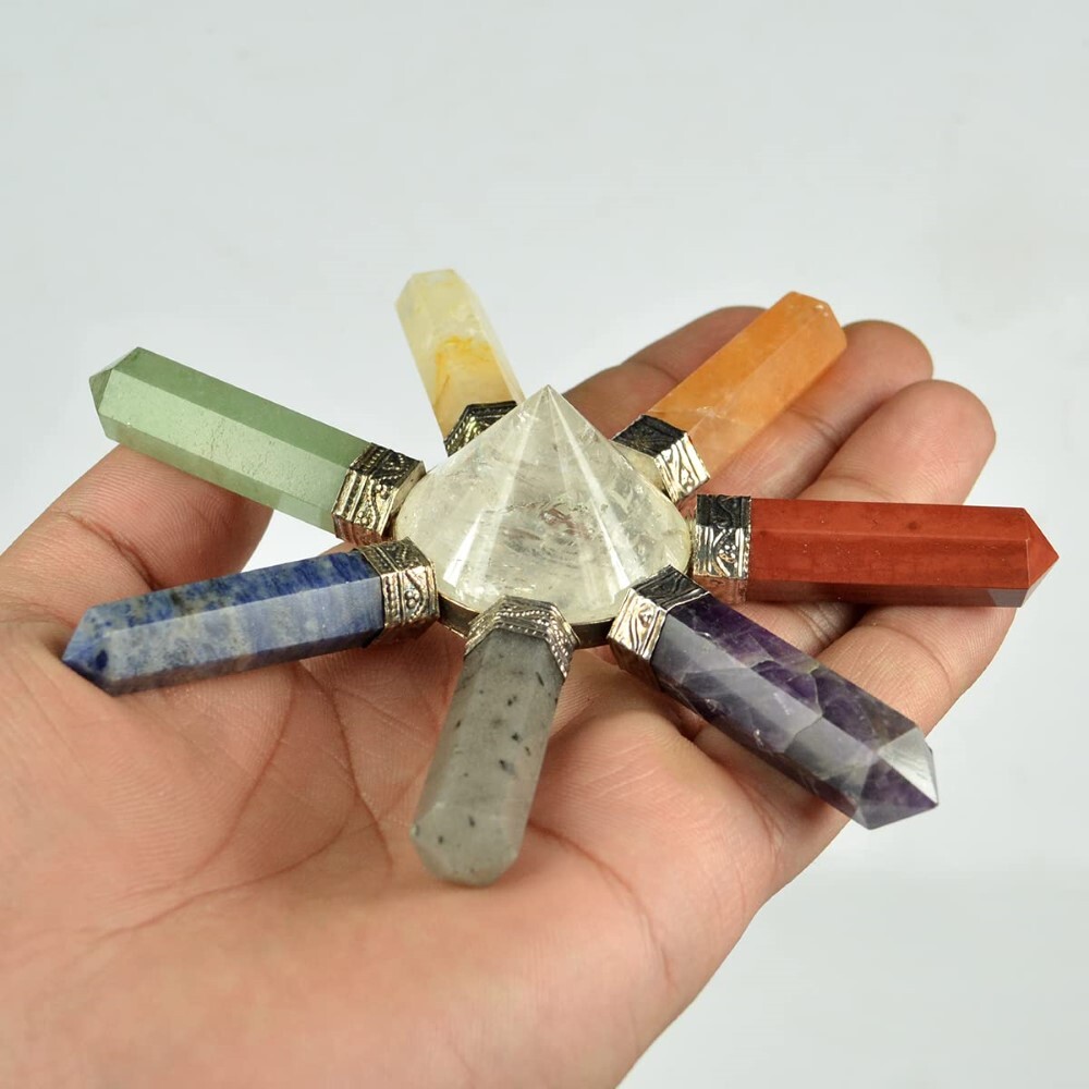 Natural Crystal With Seven Chakra Gemstone 7 Point Pyramid Energy Generator - Agate Material, Free-size, White Color, 100g Weight | Aaa Grade, Natural Stone