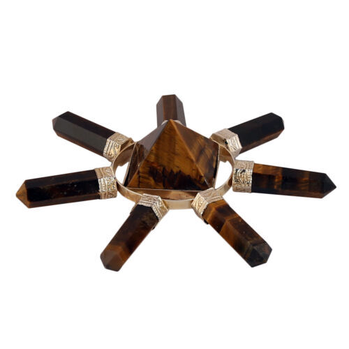 Natural Tiger Eye Gemstone 7 Point Pyramid Energy Generator - High-grade A+ Natural Yellow Tiger Eye & Agate , 100 Gm Weight, Free Size