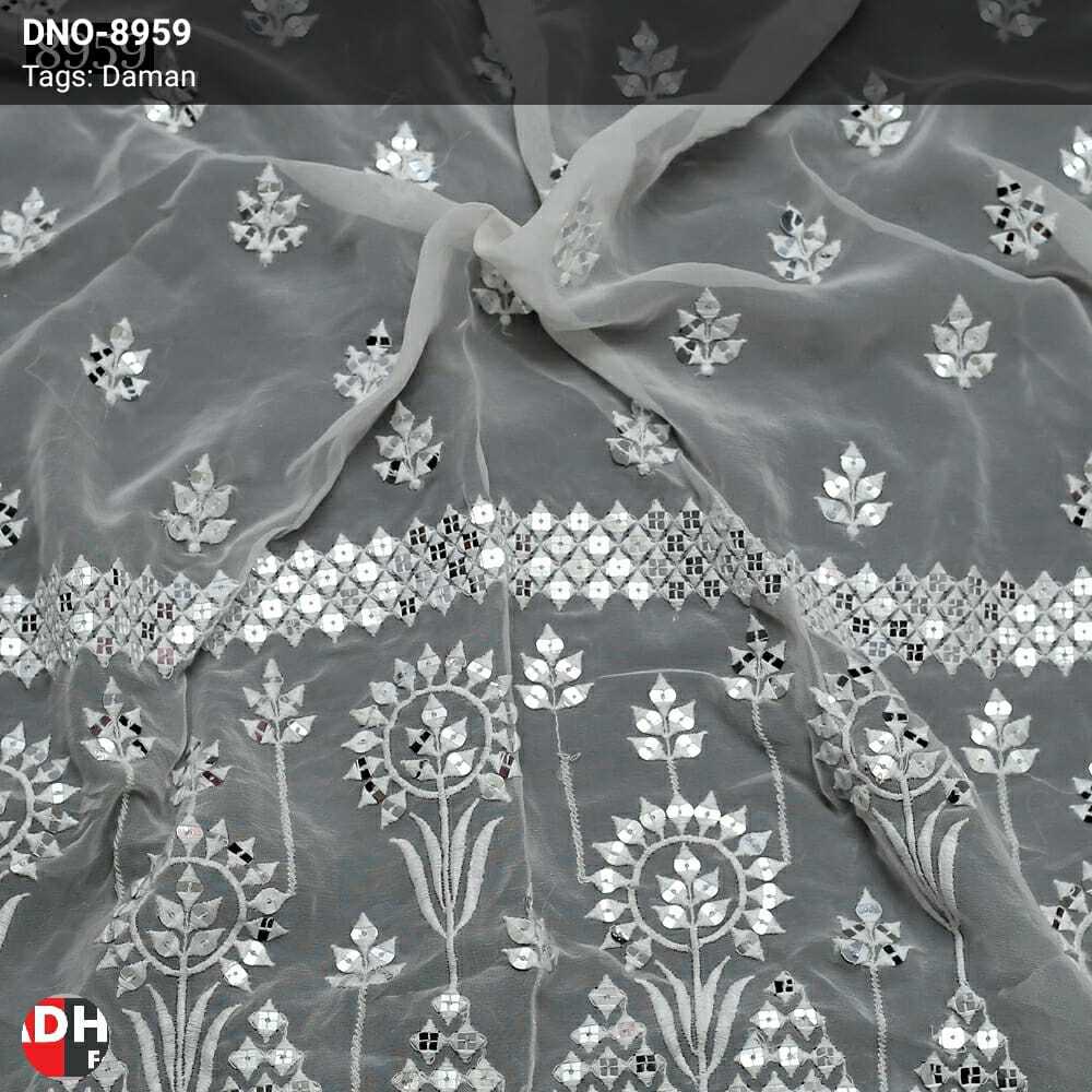 Mirror Work Fabric - 54 Meter Georgette Light In Weight White Color Embroidered & Net Patterns For Elegant Lehenga Choli & Blouse Styles