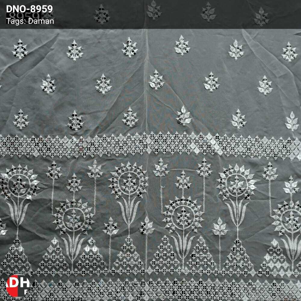 Mirror Work Fabric - 54 Meter Georgette Light In Weight White Color Embroidered & Net Patterns For Elegant Lehenga Choli & Blouse Styles