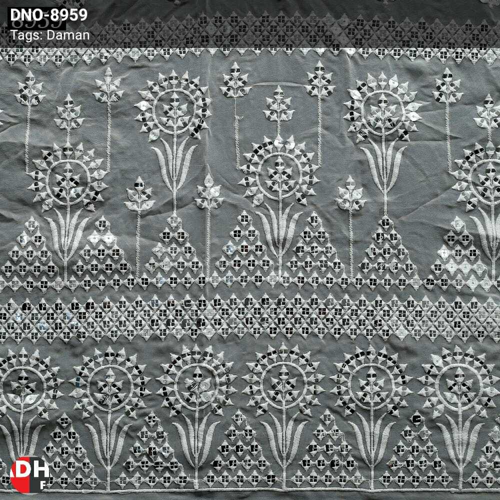 Mirror Work Fabric - 54 Meter Georgette Light In Weight White Color Embroidered & Net Patterns For Elegant Lehenga Choli & Blouse Styles