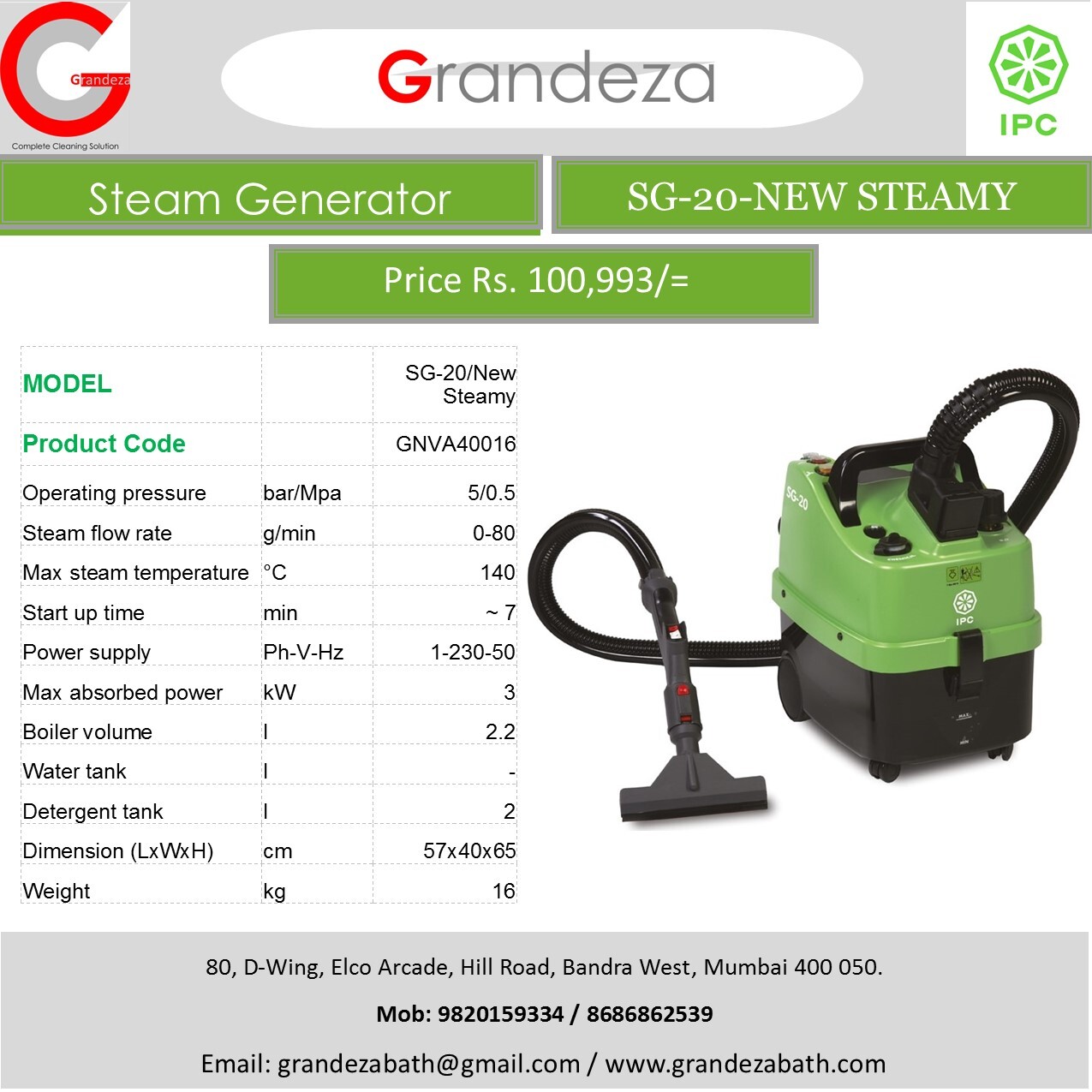 Ipc Sg-20 - Stainless Steel Portable Steam Cleaner | 2.2l Capacity, 0-80g/min Steam Flow, Ideal For Hotels, Gyms, And Restaurants