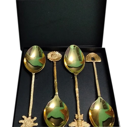Brass Spoon Set - 7 Inch Golden Glossy Finish | Attractive Design, Set Of 4