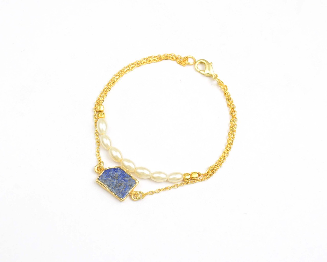Lapiz Lazuli And Shell Pearl Gemstone Gold Plated Bracelet
