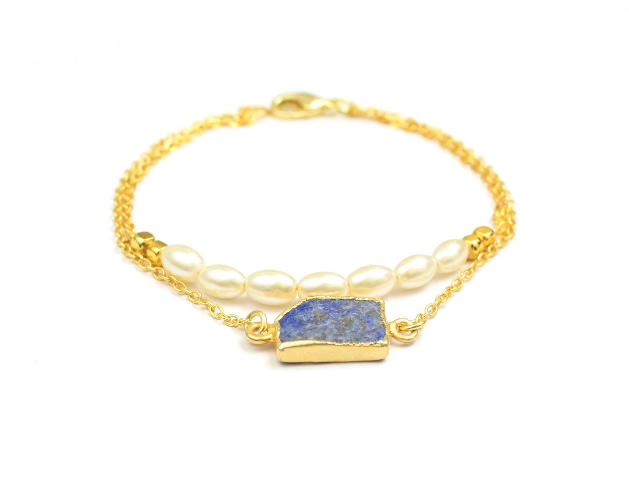 Lapiz Lazuli And Shell Pearl Gemstone Gold Plated Bracelet