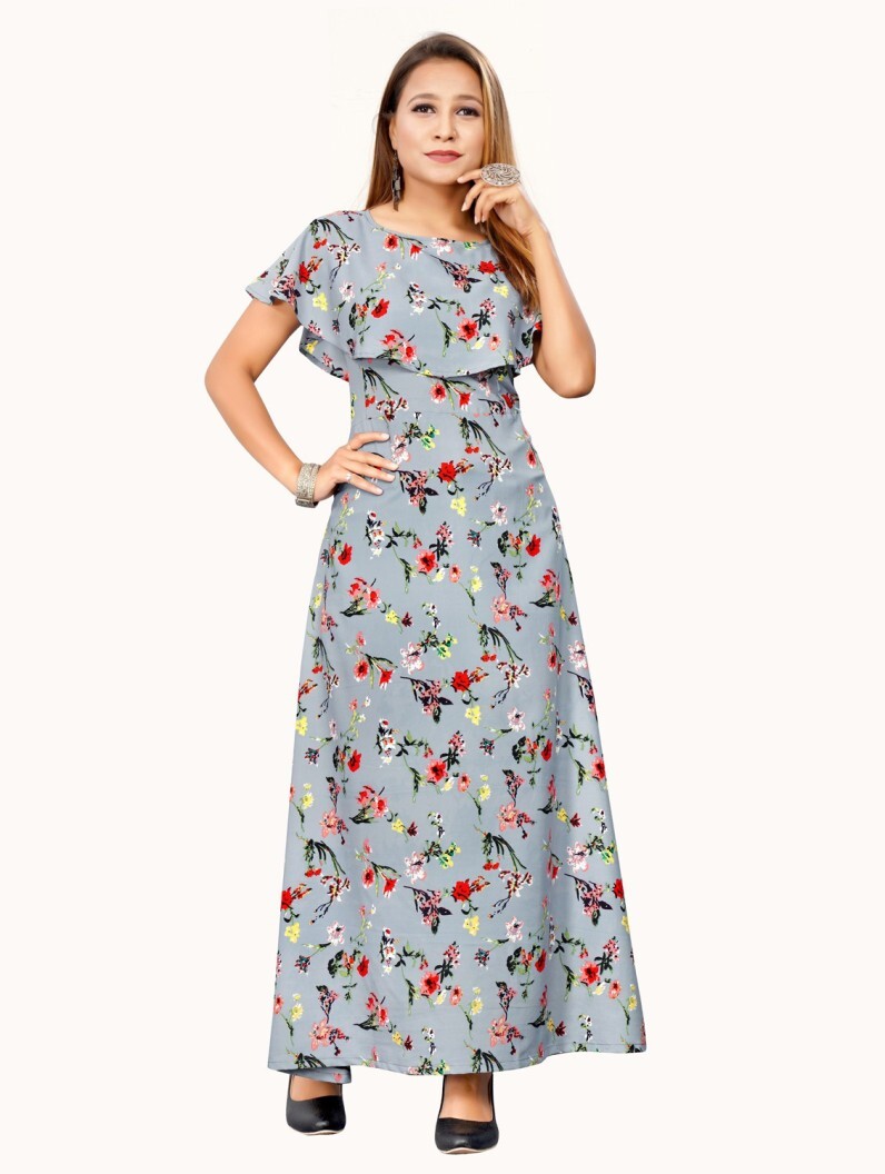 Skc-10437 Oceanista Crepe Dress - Maxi Length, Dark Blue Color | Lightweight Fabric, Cape Sleeve, Floral Print, Perfect Fit, Versatile For Events