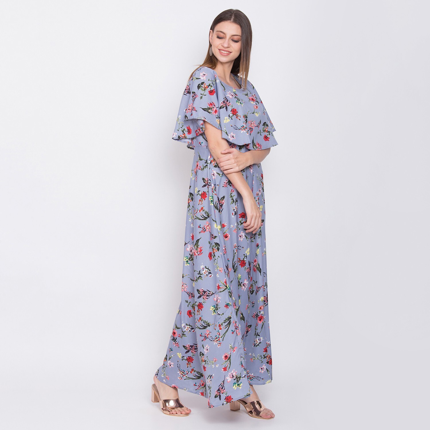 Skc-10437 Oceanista Crepe Dress - Maxi Length, Dark Blue Color | Lightweight Fabric, Cape Sleeve, Floral Print, Perfect Fit, Versatile For Events