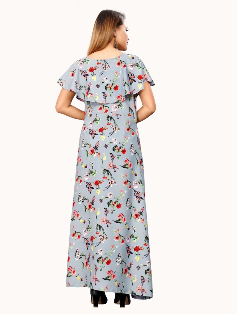 Skc-10437 Oceanista Crepe Dress - Maxi Length, Dark Blue Color | Lightweight Fabric, Cape Sleeve, Floral Print, Perfect Fit, Versatile For Events