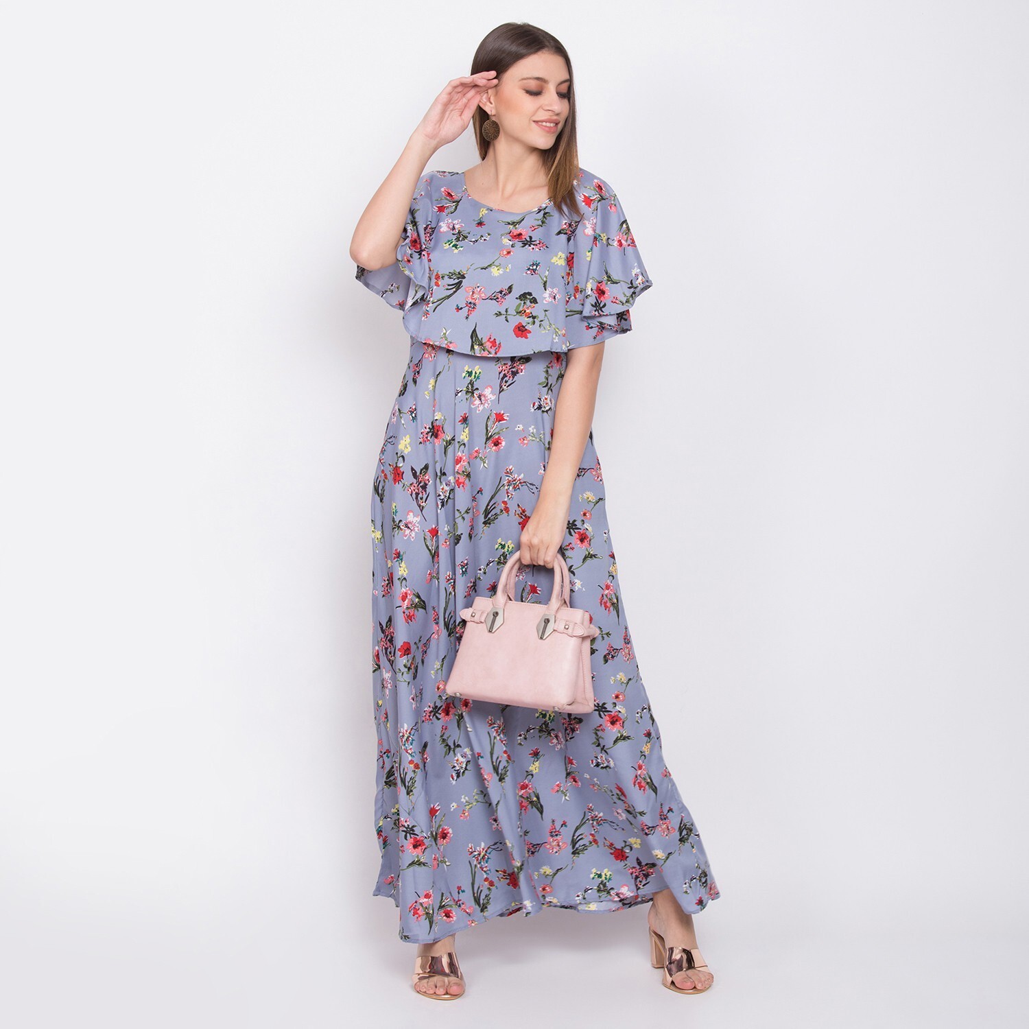 Skc-10437 Oceanista Crepe Dress - Maxi Length, Dark Blue Color | Lightweight Fabric, Cape Sleeve, Floral Print, Perfect Fit, Versatile For Events