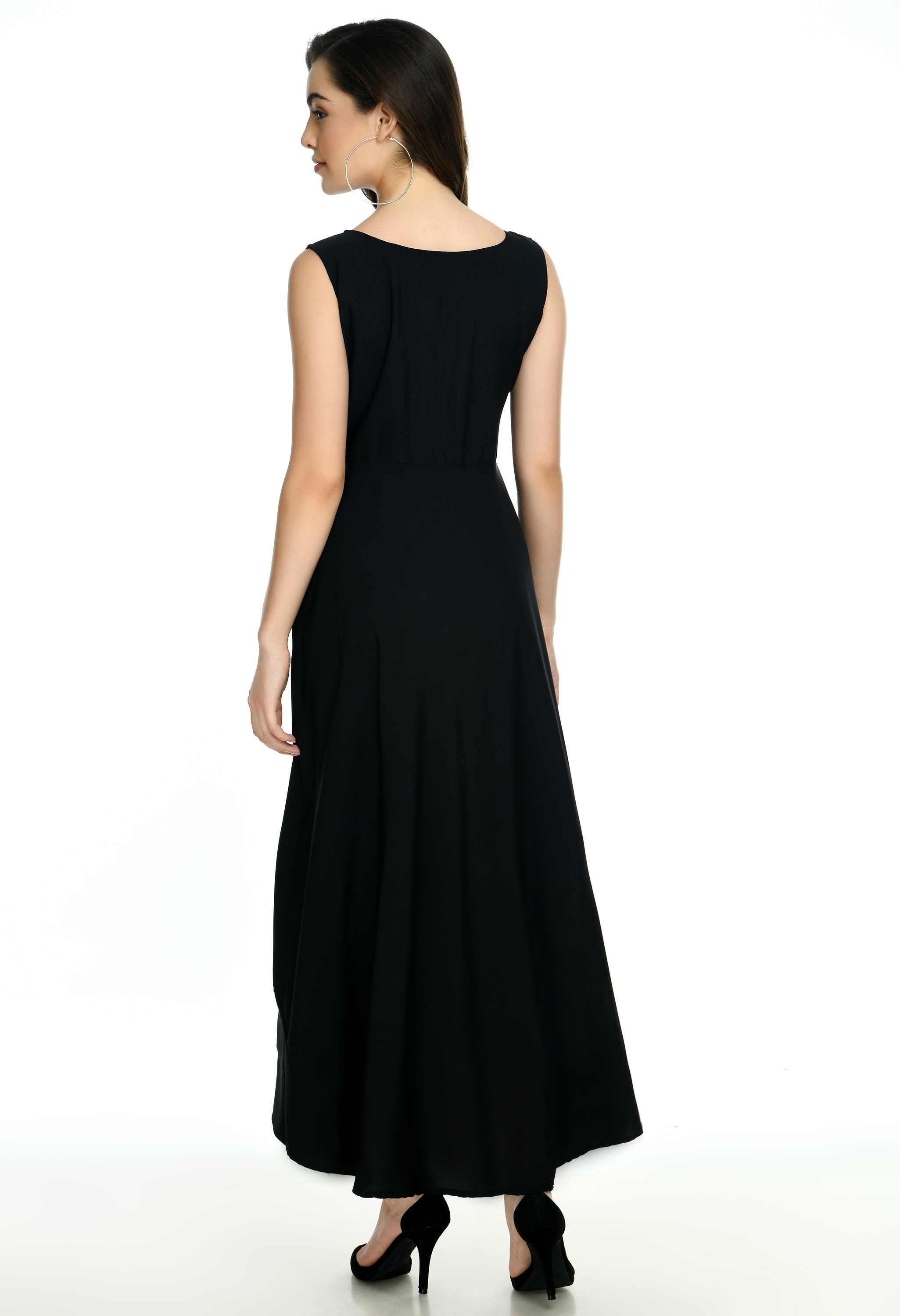 Ic-200-10996 Oceanista Crepe Dress - Black, Maxi Length, Floral Embroidery, Sleeveless, V-neckline, Hidden Back Zipper, Front Slit Design