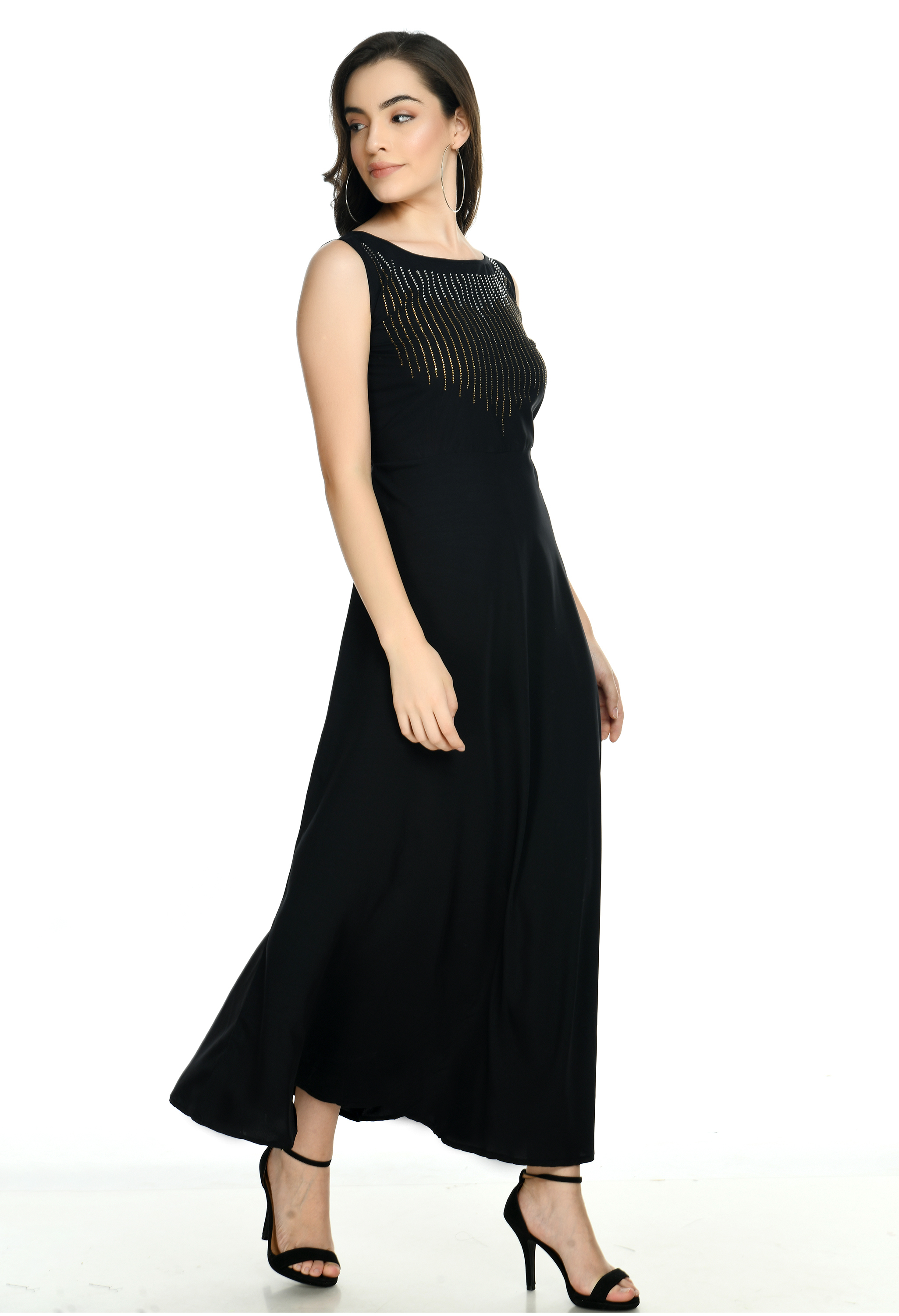 Ic-200-10996 Oceanista Crepe Dress - Black, Maxi Length, Floral Embroidery, Sleeveless, V-neckline, Hidden Back Zipper, Front Slit Design