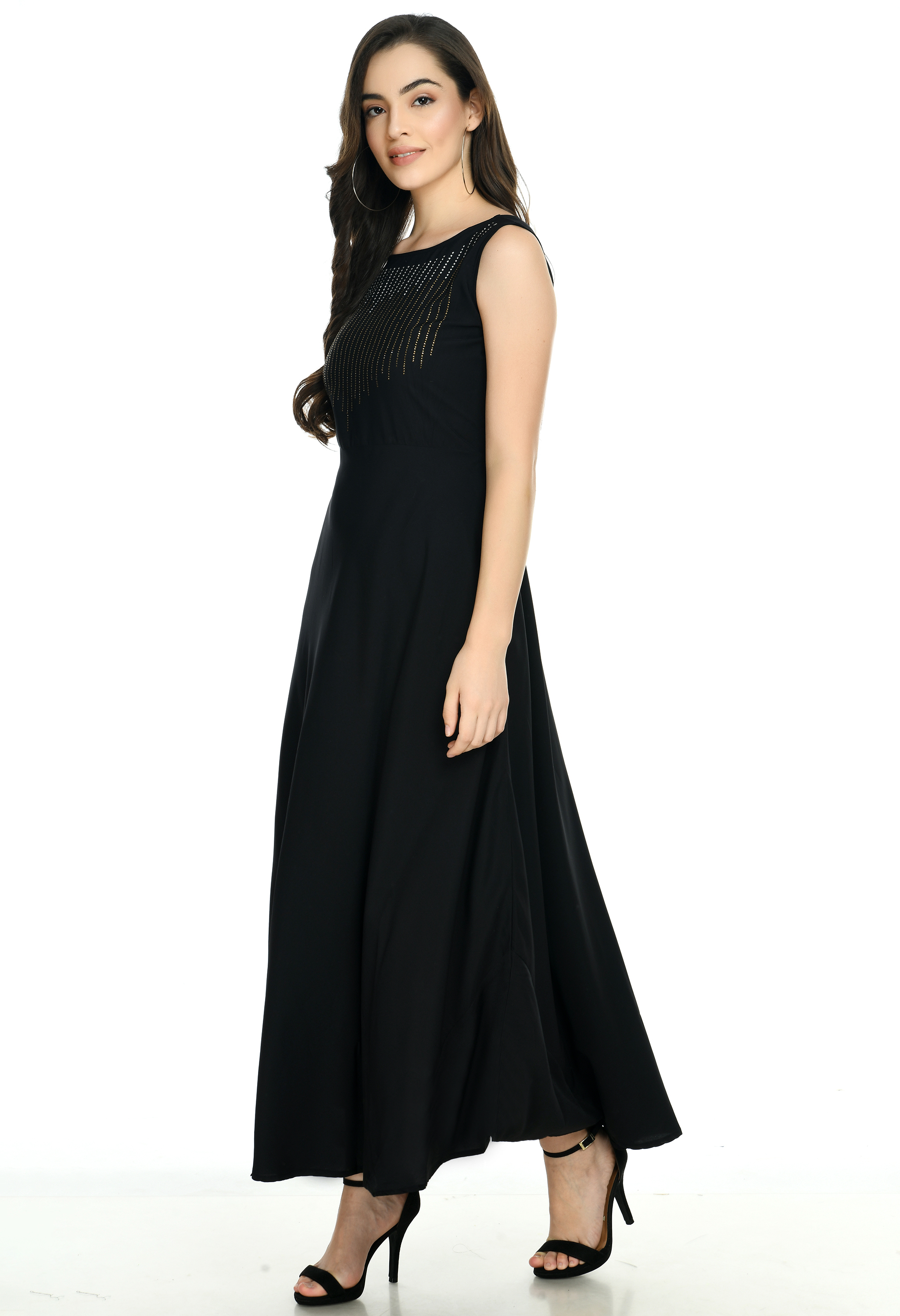 Ic-200-10996 Oceanista Crepe Dress - Black, Maxi Length, Floral Embroidery, Sleeveless, V-neckline, Hidden Back Zipper, Front Slit Design